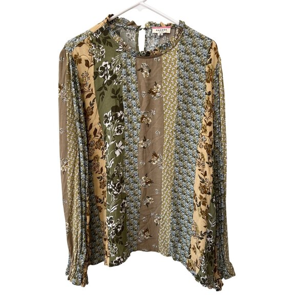 Andree By Unit Floral Patchwork Long Sleeve Blouse Size 2X Ruffle Peasant Boho - Picture 3 of 8